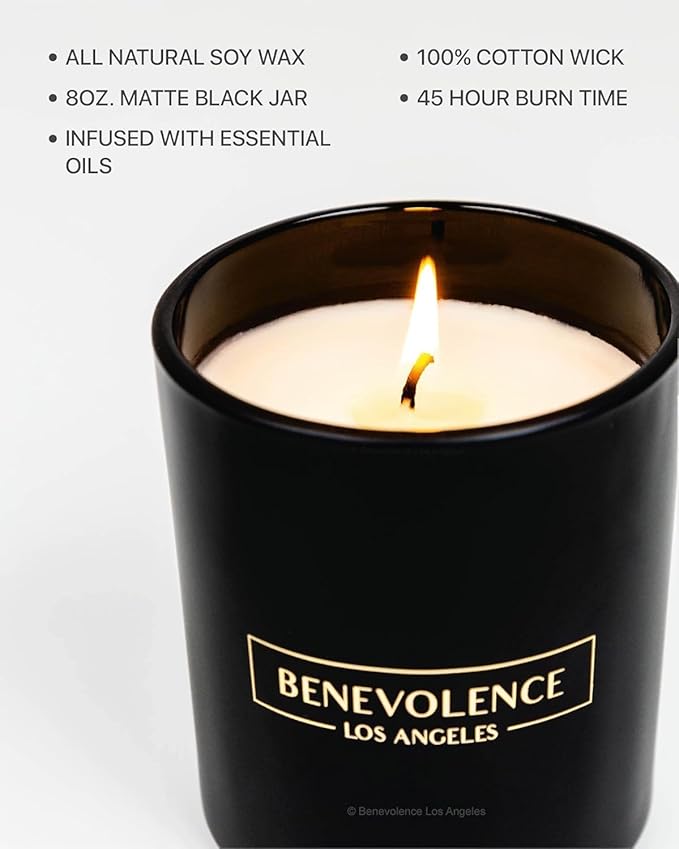 Benevolence LA Bergamot & Jasmine Christmas Scented Candles | Soy Candles, Black Candle for Home | Holiday Candle Gifts for Women and Men | Home Fragrance | Aromatherapy | 8oz, 45 Hour Burn