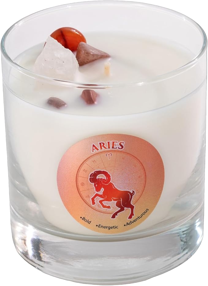 Luxury Glass Jar Candle, Aries Zodiac Sign, 8.8 oz - Crystal Infused - Scents of Citrus, Basil, Mint, & Agave - Made in USA, Hand Poured, Coconut-Soy Wax, Essential Oils, Dr. Developed