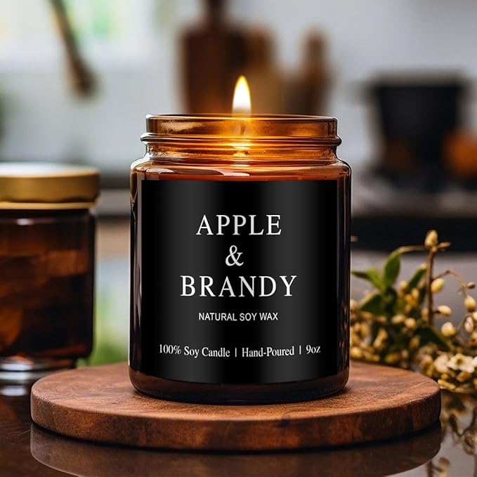 Scented Candles for Men - Apple Brandy Barrel Scent | 50Hr Burn Soy Wax in Brown Glass - Man Cave Gifts, Birthday for Him, Father's Day Gift (9oz)