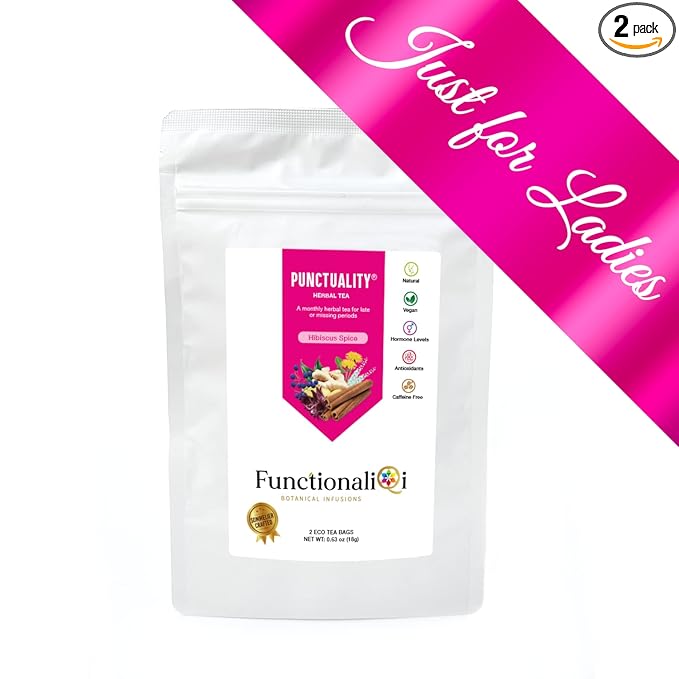 FunctionaliQi Punctuality Functional Herbal Tea Bags with Hibiscus Spice, Black and Blue Cohosh,Ginger, Dandelion for Late Menstrual Period (2 Eco Tea Bags)