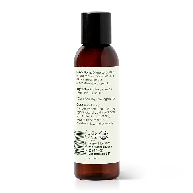 Plant Therapy Organic Rosehip Carrier Oil 4 oz For Skin and Hair Cold Pressed Supports Skin Hydration Fine Lines & Wrinkles Extra Virgin, Vitamins A and E & Essential Fatty Acids
