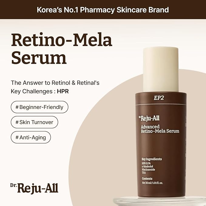 Dr. Reju-All Advanced Retino-Mela Serum – HPR Retinol Serum for Face – Anti-Aging, Pore Minimizer, Next-Gen Korean Skin care – Gentle & Beginner-Friendly – Niacinamide 10% & TXA 4% – 1 Fl Oz