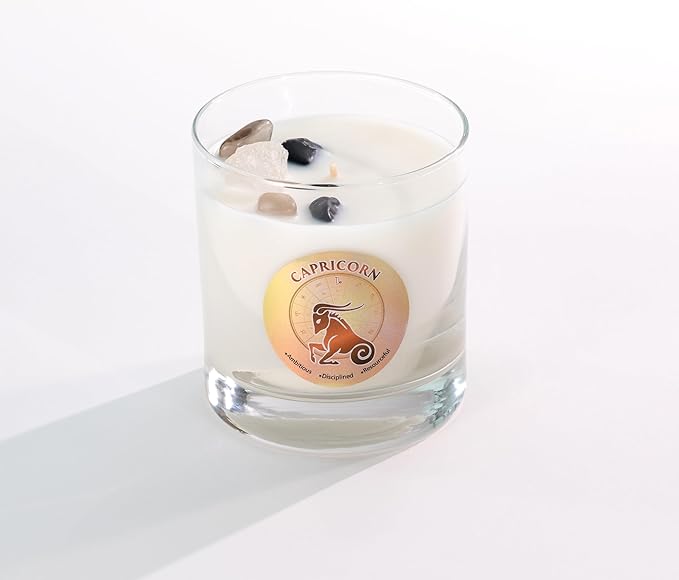 Luxury Glass Jar Candle, Capricorn Zodiac Sign, 8.8 oz - Crystal Infused - Scents of Citrus, Lavender, Spice, & Wood - USA Made, Coconut-Soy Wax, Essential Oils, Dr. Developed