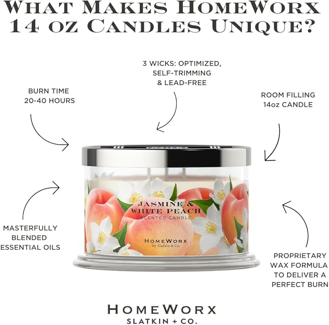HomeWorx by SLATKIN + CO. Candle- Jasmine & White Peach, 14 oz. 3-Wick Premium Scented Candle - 20-40 Hours Burn Time