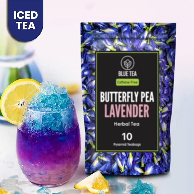 BLUE TEA - Butterfly Pea Flower Tea - Lavender - 10 Count - Pyramid Plant Based Tea Bag | CALMING AND RELAXING | Caffeine Free - Detox Tea - Flower Based - Non-Bitter | Zipper Pack