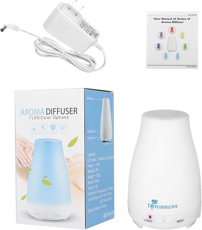 Diffuserlove Essential Oil Diffusers 200ML Remote Control Ultrasonic Mist Humidifiers BPA-Free Aromatherapy Diffuser with 7 Color Lights, Auto Shut-Off for Bedroom Office Kitchen