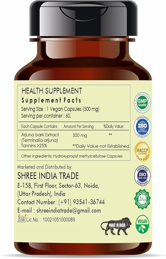 Arjuna Extract 500mg - 60 Vegetarian Capsules| |Terminalia Arjuna Tannis |All Natural | 100% Vegan | Gluten-Free