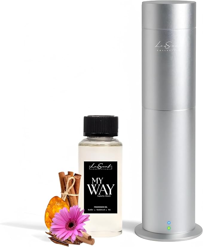 Aroma Scent Diffuser Starter Kit for Up to 1000SQ. FT. Coverage - 120ML Waterless Essential Oil Scent Included - Luxury Aroma Diffuser Ideal for Home, Office & Hotel (Silver, My Way)