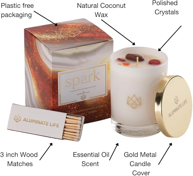 Luxury Glass Jar Seasonal Candle, 14 OZ, Ember - Amethyst & Clear Quartz Crystal Infused - Holiday Scents of Clove Bud, Vanilla, and Smoked Vetiver - Coconut Wax, Essential Oils
