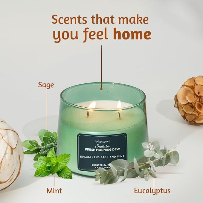 Folkulture Scented Candles – 8.8 Oz | Eucalyptus & Mint Luxury Green Jar Candles for Women, Relaxation Gifts | Stress Relief Evergreen Candle for Aromatherapy, Bath & Body Works with 30 Hrs Burntime