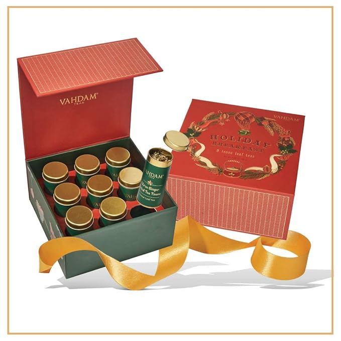 VAHDAM, Holiday Breakfast - Christmas Tea Gift Sets (90+ Cups) 9 Loose Leaf Teas - Luxury Gift Box | Christmas Gifts For Women, Men & Adults I Holiday Tea Gift Box