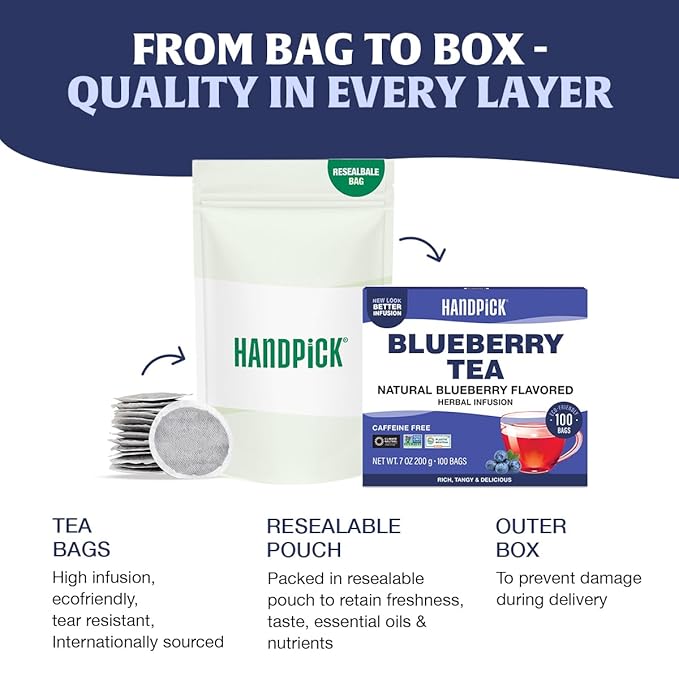 HANDPICK, Wild Blueberry Tea Bags (100 Count), True Premium Blueberry Herbal Tea with Hibiscus, Rose & Licorice | Brew Iced/Hot Tea