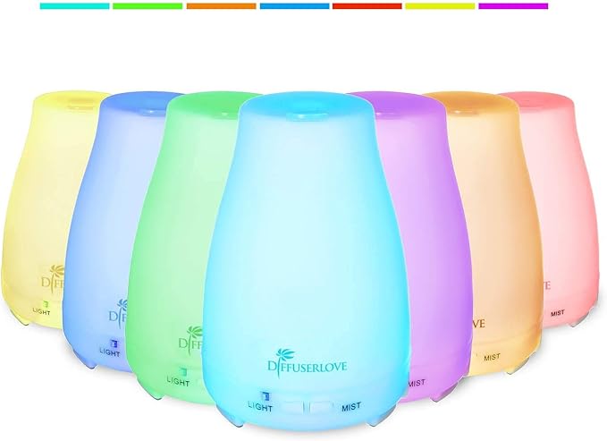 Diffuserlove 2 Pack 200ml Essential Oil Diffuser Ultrasonic Aromatherapy Diffuser with Waterless Auto Shut-Off Aroma Cool Mist Humidifiers with 6 Bottles of Natural Essential Oils /7 Color LED Lights