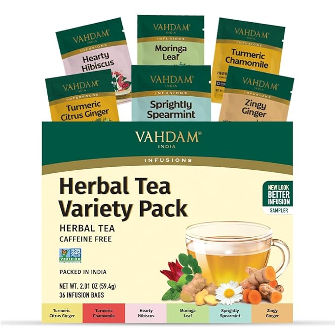 VAHDAM, Assorted Herbal Tea Gift Set (36 Tea Bags, 6 Flavors) Caffeine-Free, Non-GMO | Double Infusion, Individually Enveloped Tea Bags | Herbal Tea variety Pack | Tea Gifts for Women & Men