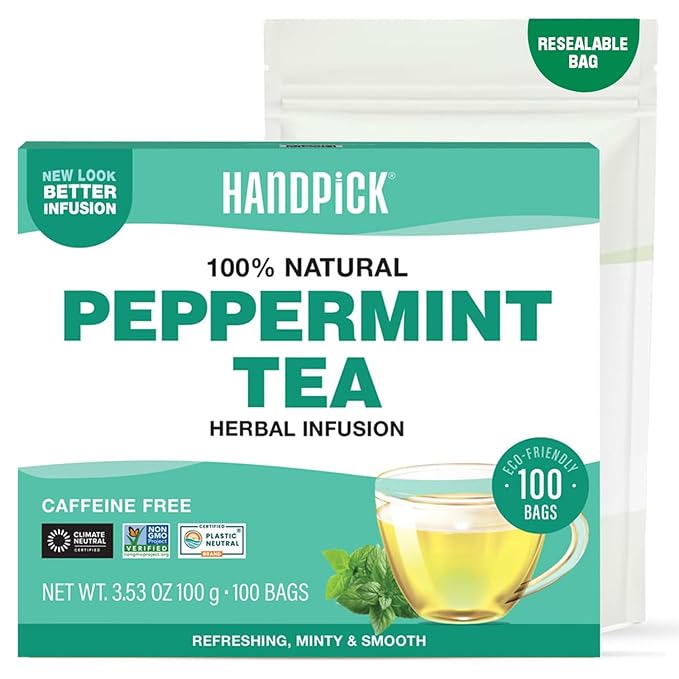 HANDPICK, Peppermint Tea, Eco-Conscious Tea Bags - 100 Count | Caffeine Free, Non-GMO | Minty, Fresh & Cool flavor | Direct From Source