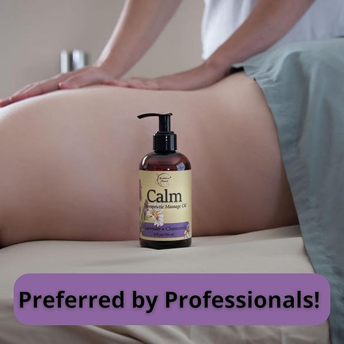 Calm Massage Oil for Massage Therapy with Lavender & Chamomile Essential Oils to Relax Sore Muscles | All Natural with Coconut, Grapeseed & Jojoba for Smooth Skin | Brookethorne Naturals 8oz