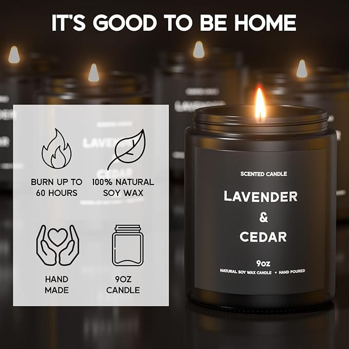 Lavender＆Cedar Candle, 9oz Scented Candle for Men, Scented Candles for Home, Soy Candle Gifts for Men, Personalized Blessing Minimalist Men's Scented Candle
