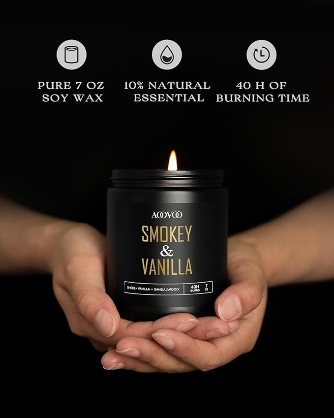 AOOVOO Scented Candles for Men - 4 Pack Candles for Home Scented, 28oz Soy Wax, 200 Hour Burn Time, Men Candle Set, Leather/Smoke & Vanilla/Whiskey Caramel/Lavender Candle Set