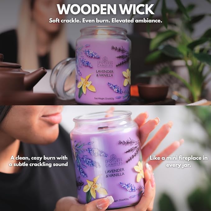 Vanilla & Lavender Candle 22oz Glass Jar with Wooden Wick in a Decorated Jar Within a Presentation Gift Box and Protective Shipping Box