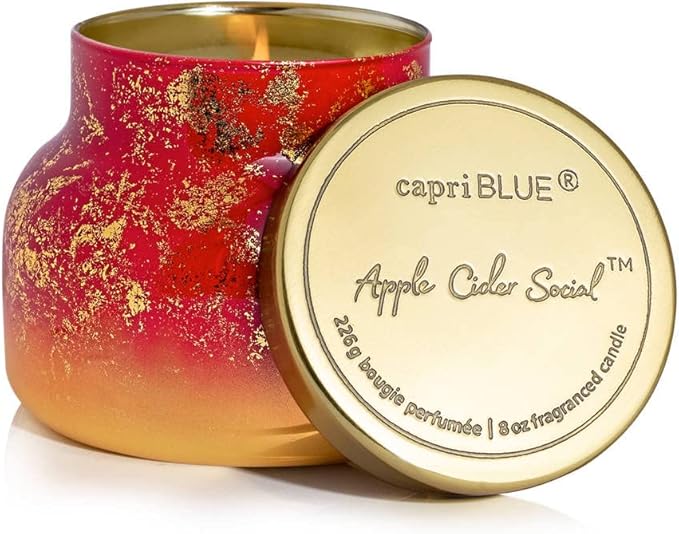 Capri Blue Glimmer Petite Signature Jar Candle - Apple Cider Social Scented Candle with Ombre Glass Candle Holder - Luxury Aromatherapy Candle - Red and Gold (8 oz)