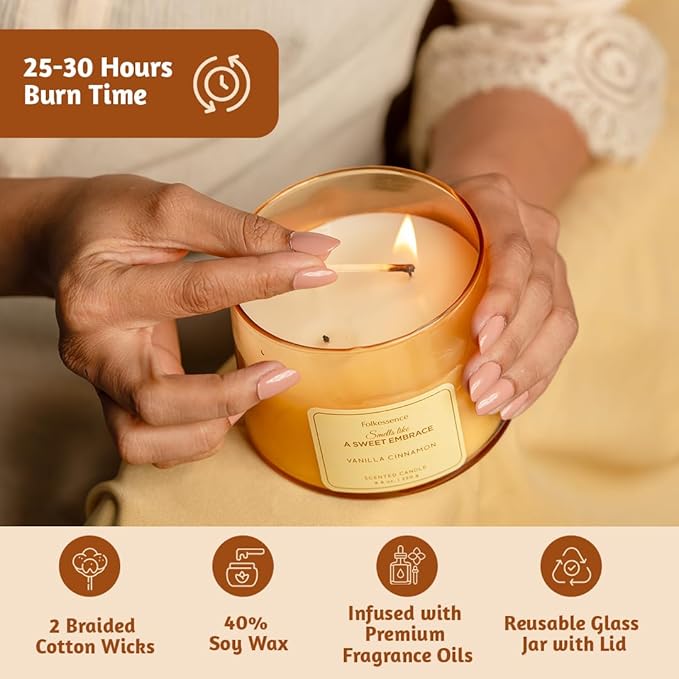 Folkulture Scented Candles – 8.8 Oz | Vanilla & Cinnamon Luxury Jar Candles for Women,Relaxation, Housewarming Gifts | Bath & Body Works, Aromatherapy Candles for Home with 30 Hrs Burntime