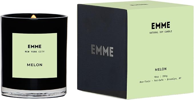 EMME NYC Scented Candle Jar - Black Glass, Soy, Natural, Non-Toxic, Pet-Safe, Up to 60 Hours Burn Time, Wood Wick, Strong Scent, Cruelty-Free, 10 oz - Melon