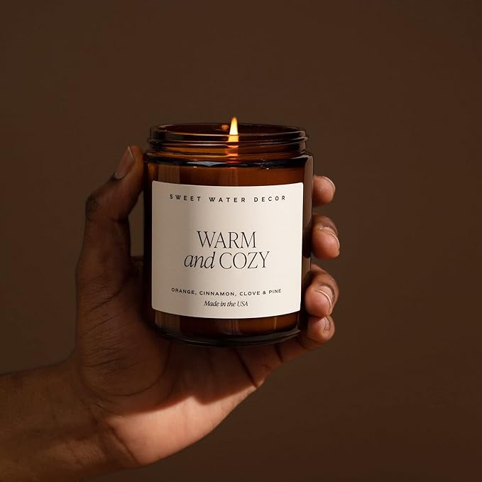Sweet Water Decor Warm and Cozy Soy Candle - Orange Peel, Cinnamon, Ginger and Clove Scented Candles for Home - 9oz Amber Jar + Black Lid, 40+ Hour Burn Time, Made in The USA