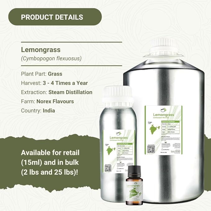Lemongrass Essential Oil - Natural Aceite de Hierba Limón from Norex Flavours India - Lemongrass Essential Oils for Hair, Aromatherapy and Massage (2lbs)