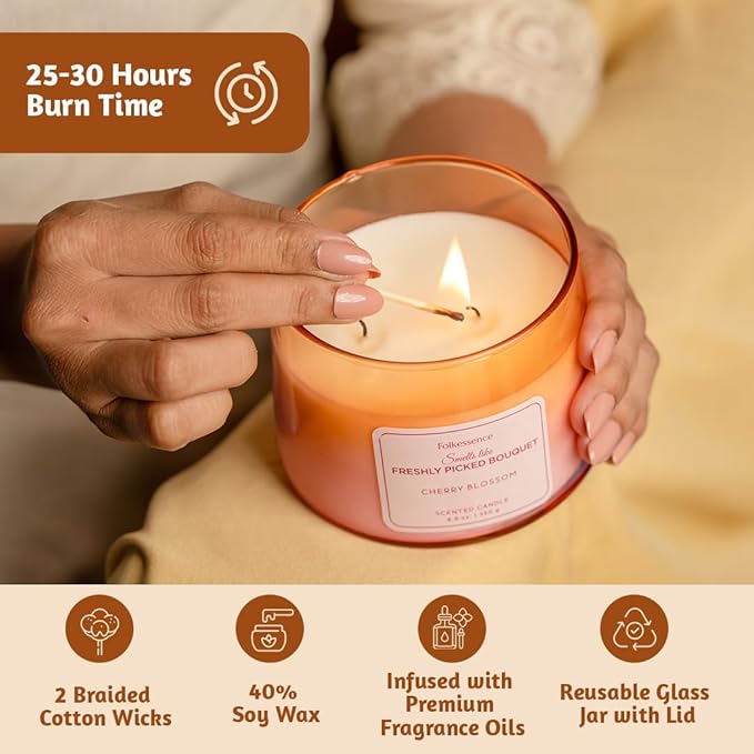 Folkulture Valentine Candles- 8.8 Oz |Cherry Blossom Scented, Luxury Glass Jar Candles for Home, Gifts for Women, Her |Soy, Non Toxic, Pink Candle with 30 Hrs Burntime for Valentine Day Decorations