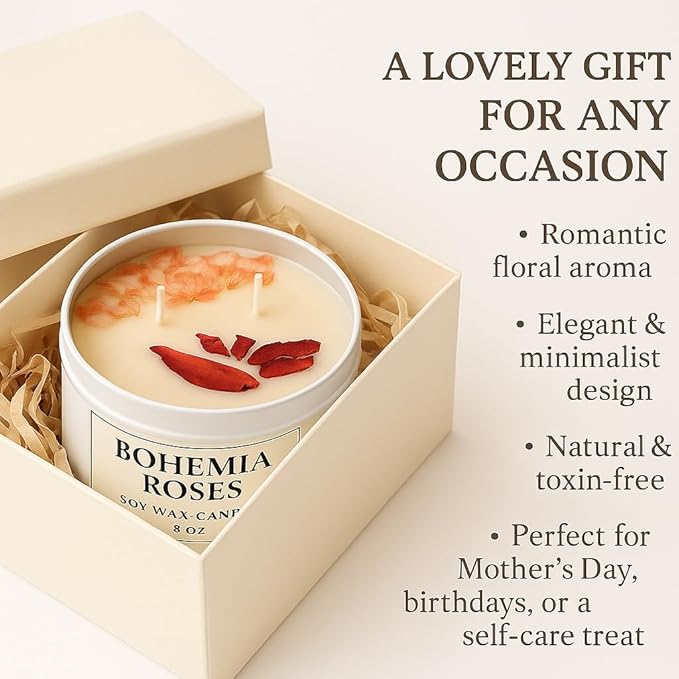 Aqua MARR Handcrafted Bohemia Roses Soy Wax Candle, 8 oz Dual-Wick Soy Candle with Dried Rose Petals, White Metal Container