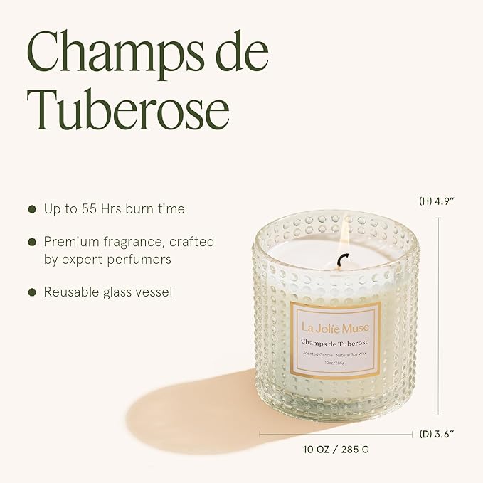 LA JOLIE MUSE Champs de Tuberose Scented Candle - Ylang, Tuberose, Orange Blossom | 10 oz Natural Soy Wax | 55 Hours Clean Burn | Floral Scented Candle | Gift-Ready for Hosts & Gatherings