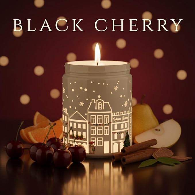 Black Cherry Scented Candle (White Jar), 40-Hour Burn, Dual Light Glow (Flame + LED Artwork), Soy Wax Blend, Holiday Aromatherapy Gift Candle for Bedroom, Bathroom & Home – 7oz (200g)