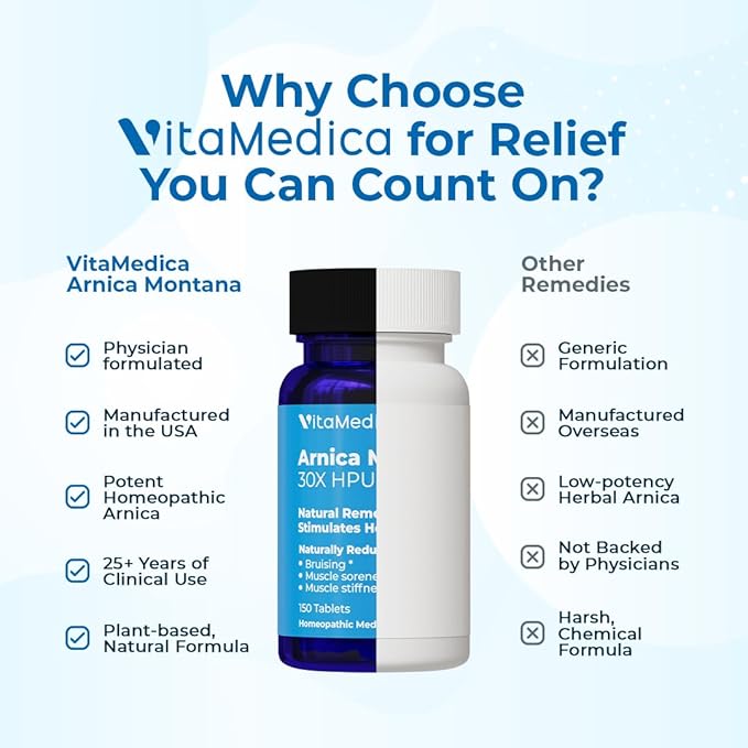 VitaMedica Arnica Montana 30X Homeopathic Tablets for Bruising Pain and Swelling | Plant Based Formula | Recommended by Plastic Surgeons | Natural Recovery Surgery Or Injury | 3 Pack | 150 Servings