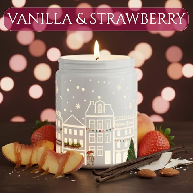 Vanilla & Strawberry Scented Candle (White Jar), 40-Hour Burn, Dual Light Glow, Premium Soy Wax Blend, Dessert-Inspired Aromatherapy Candle for Bedroom & Bathroom – 7oz (200g)