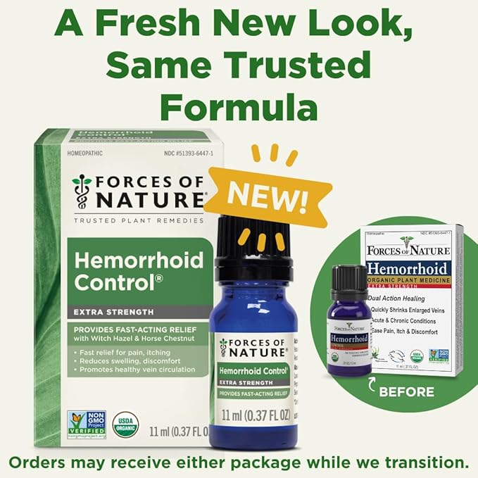 Forces of Nature Hemorrhoid Treatment, Extra Strength 0.37 Fl Oz, Organic Homeopathic Medicine & Essential Oils, Hemorrhoid Relief for Pain, Itching, Swelling, Soreness & Discomfort