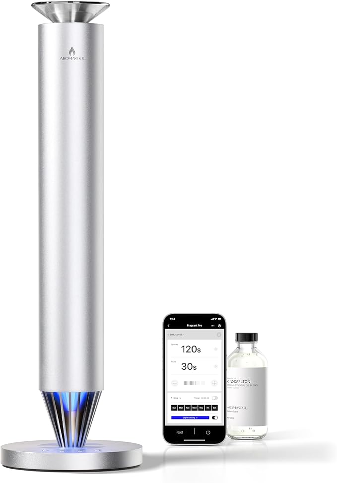 Waterless Scent Diffuser Starter Kit - 1500 Sq Ft Coverage, Alloy Atomization System,Mood Light,Smart Rechargeable Hotel Scent Diffuser, Including 120ml Essential Oil, for Home,Large Room,Spa,Silver
