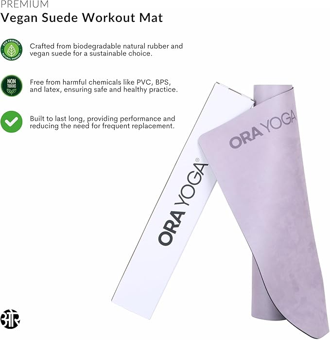 ORA YOGA Non-Toxic Premium Suede Large Workout Mat - 3mm Thick With Strap - Eco-Friendly Exercise Mat for Women & Men - Non-Slip for Pilates, Gym, Home Workout
