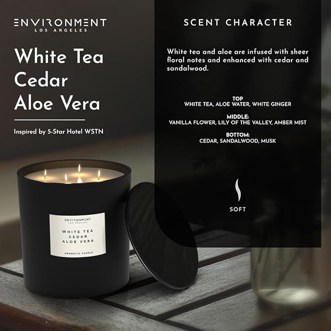 Environment Inspired by 5-Star Resort WSTN Candle, 55oz Luxury Coconut Apricot Wax Candles for Home (White Tea | Cedar | Aloe Vera) Home Fragrance Products, 4 Wick Candle, Vegan & Cruelty-Free