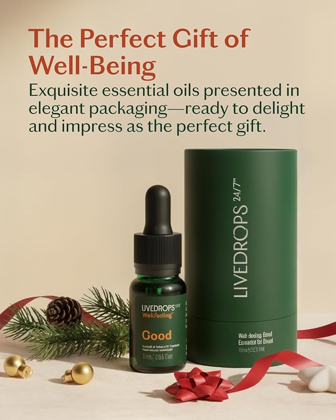 LIVEDROPS 24/7 Good Essential Oil Blend Bergamot Palmarosa Sandalwood | Daytime Aromatherapy for Positivity Focus Happiness | Skin-Safe Diffuser Oil French Perfumers Vegan Dermatologist Tested 10m