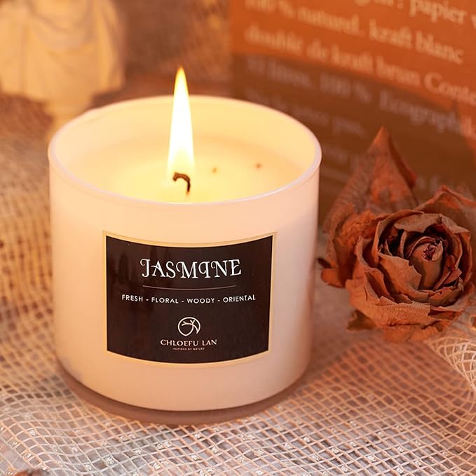 Chloefu LAN Premium Jasmine Scented Candle Gifts for Women, Highly Scented, 7.1oz|45 Hour Long Lasting,All Natural Soy Candles for Home, Small Candle Jar with Gift Box