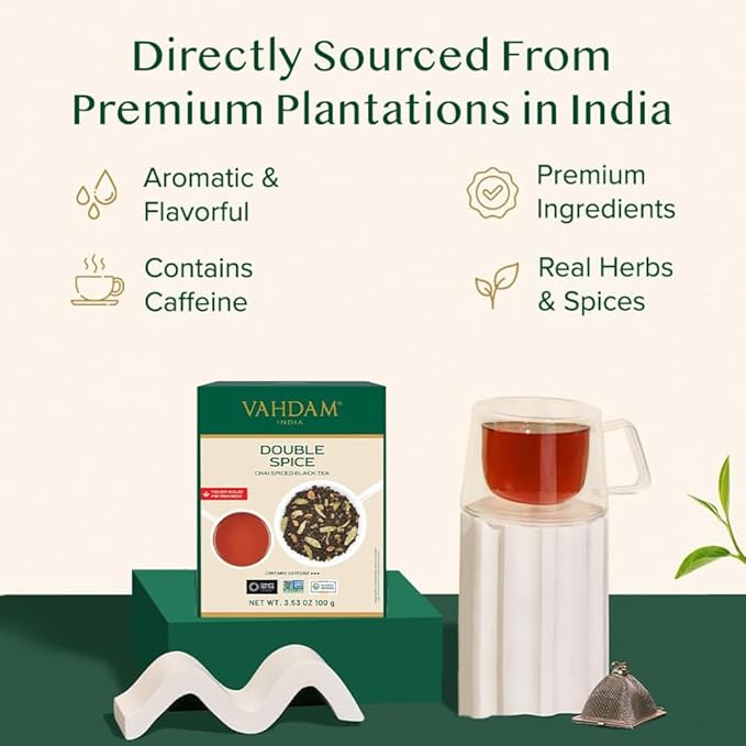 VAHDAM, Double Spice Masala Chai Tea (50+ Cups, 3.53oz) Strong, Robust & Spicy Blend - Black Tea CTC, Cardamom, Cinnamon, Cloves & Black Pepper | Pure Unblended Loose Leaf Tea | Vacuum Sealed