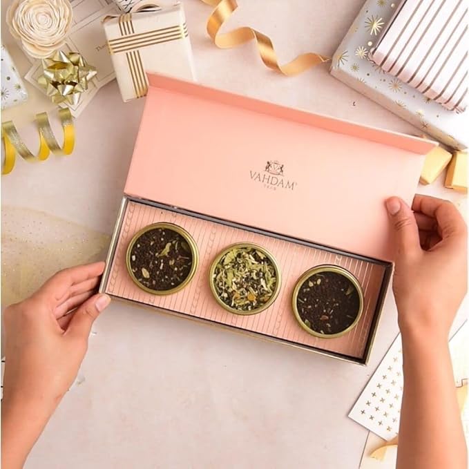 VAHDAM, BLUSH - Assorted Tea Gift Set, 3 Premium Teas in Tin Caddy Presentation Box | Loose Leaf Teas | Gift for everyone