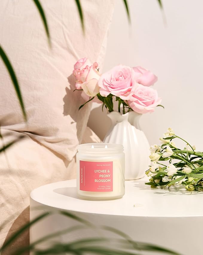 M&SENSE Lychee Peony Peach Scented Candle - 11.6oz 70 Hours Burn Non Toxic Natural Soy Wax Slow Burning Candle, 2-Wick Fruity Scent Gifts for Mom & Stress Relief Relaxing