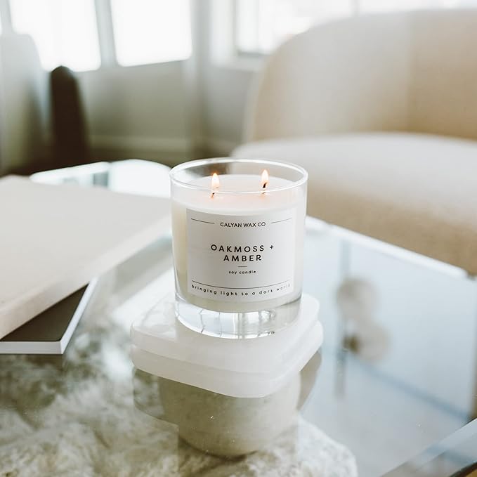 Calyan Wax Co. Oakmoss & Amber 2 Wick Scented Candle - 37 Hour Burn - Luxury Non Toxic Soy Wax Candles - Long Lasting Large Glass Jar Candle for Home - 8.8oz