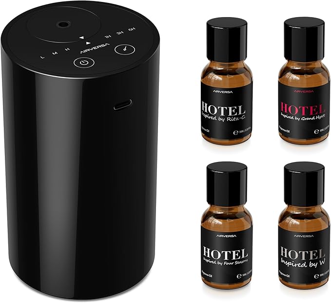 Airversa Waterless Essential Oil Diffuser Starter Kit with 4 x 10mL Hotel Scent Fragrance Oil, Battery Operated Mini Scent Air Machine Portable Diffuser for Home Car Office, AN8 Kit Black