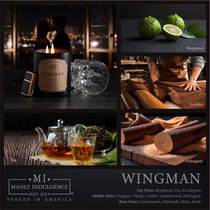 Manly Indulgence Wingman Scented Candles for Men, 2 Wick, 16.5 oz, Premium Soy Blend Wax, 60H Burn, Candles for Home Scented - Made in The USA