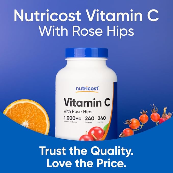 Nutricost Vitamin C with Rose HIPS 1025mg, 240 Capsules - Vitamin C 1,000mg, Rose HIPS 25mg, Premium, Non-GMO, Gluten Free Supplement