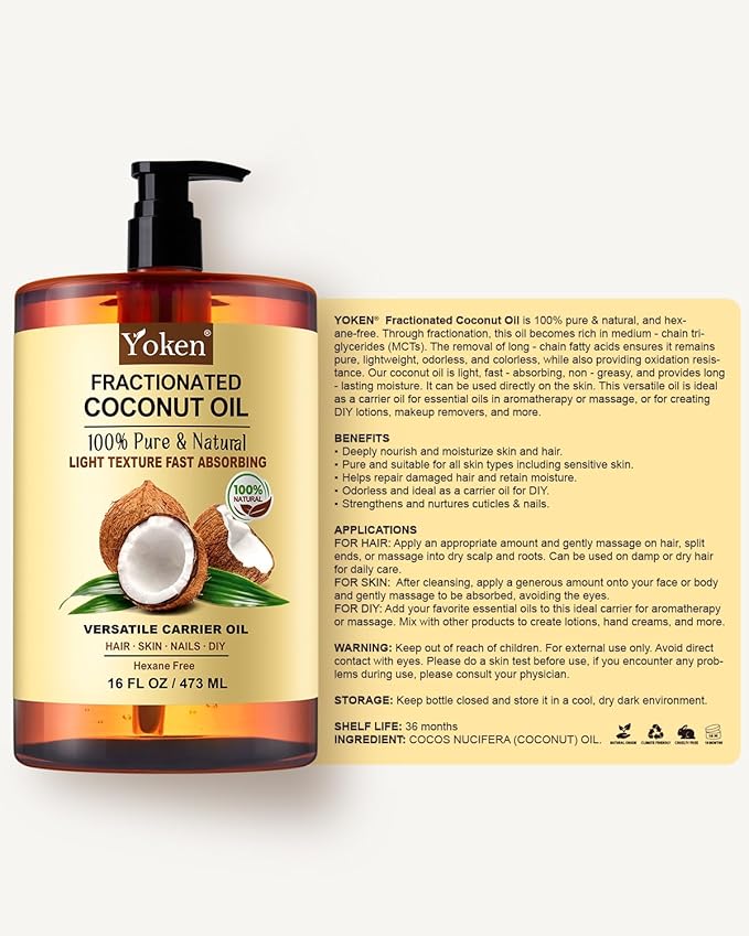 Fractionated Coconut Oil for Skin 16 Oz, 100% Pure & Natural Liquid Coconut Oil, Moisturizer for Hair, Face, Body, Carrier Oil for Essential Oils Mixing, Massage, Hexane Free, Unscented