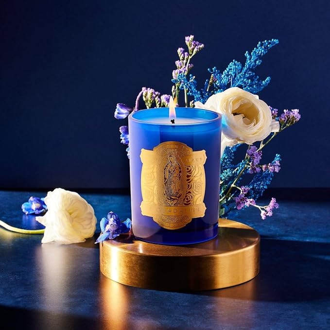 SAINT Virgin Mary of Guadalupe Scented Candle with Prayer and Prayer Coin, Soy Coconut Aromatherapy Candle with 80 Hour Burn Time, Special Edition, Blue