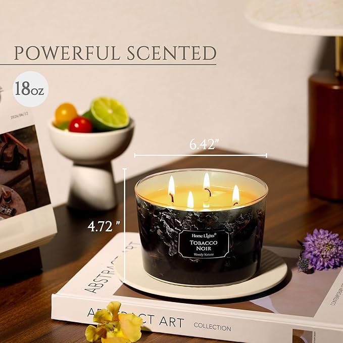 HomeLights Scented Candles for Women & Men, 18oz Candle Jars Aromatherapy 4-Wick Candle, Ideal for Industrial Chic Home Decor and Gifts, Tobacco Noir Fragrance